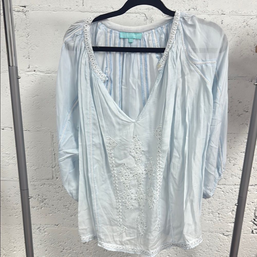 Melissa Odabash Blue Relaxed 3/4 Sleeve Blouse Beaded Top - Worn Once